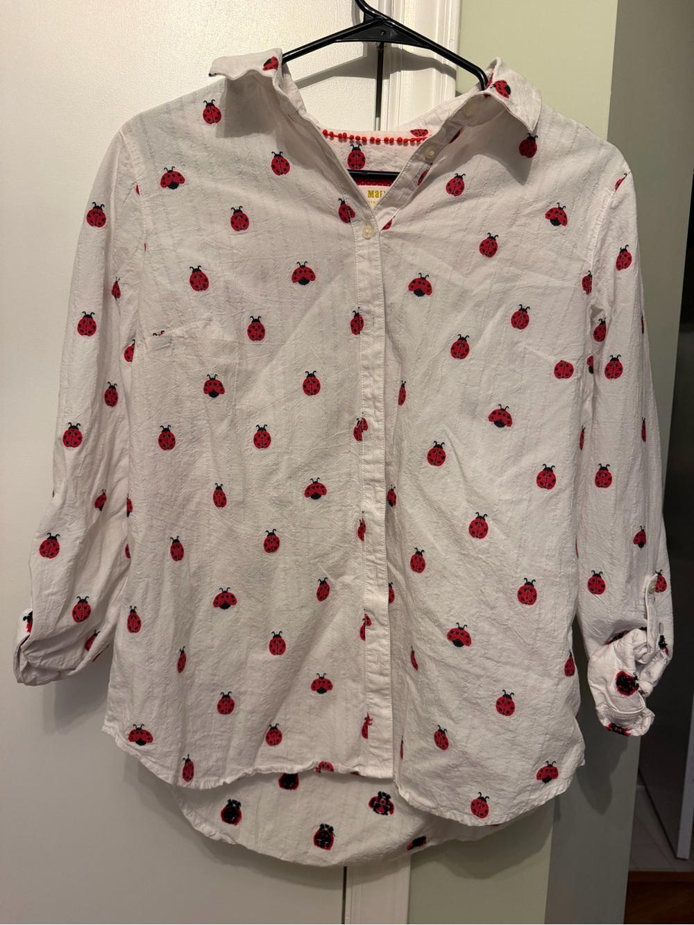 Women’s White Button-Up Shirt with Red Ladybug Print